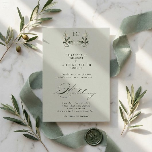 Sage Green Olive Branch Monogram Wedding Einladung