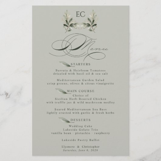 Sage Green Olive Branch Monogram Wedding Menu (Vorderseite)