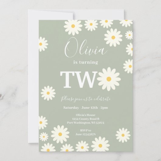 Sage Green Olive Daisy Floral 2. Geburtstag Party Einladung (Vorderseite)