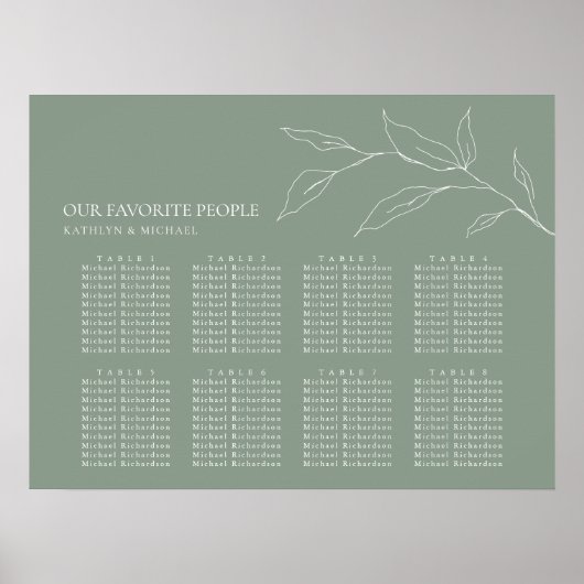 Sage Green Olive Leaf Hochzeit 8 Tisch Sitzplätze Poster (Vorne)