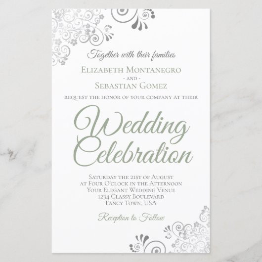 Sage Green on White BUDGET Hochzeit einladen große (Vorderseite)