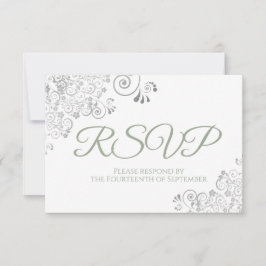 Sage Green on White Elegant Silver Lace Wedding RSVP Karte