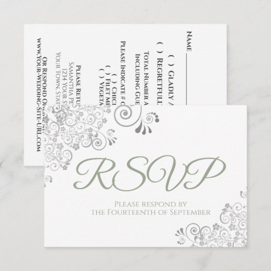 Sage Green on White Elegant Silver Lace Wedding RSVP Karte (Vorne/Hinten)