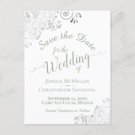 Sage Green on White Lacy Wedding Save the Date Ankündigungspostkarte