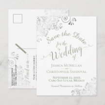 Sage Green on White Lacy Wedding Save the Date