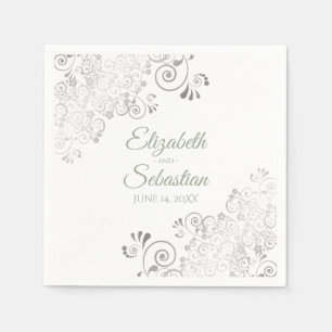 Sage Green on White Silver Frills Elegante Wedding Serviette