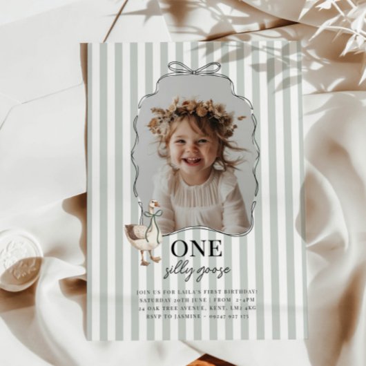 Sage Green One Silly Goose 1st Birthday Invitation Einladung