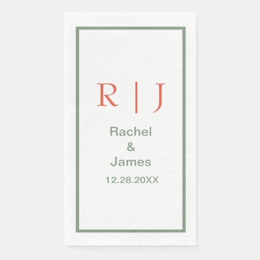 Sage Green Orange Monogram Name Simple Wedding Serviette (Vorderseite)