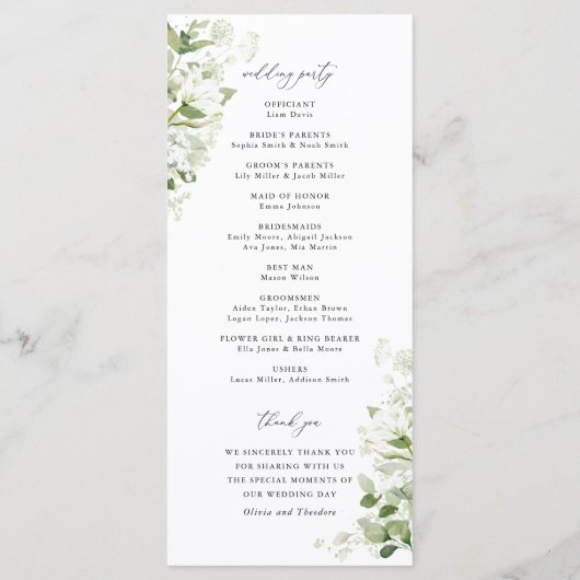 Sage Green Organic Greenery Wedding Ceremony Programm (Rückseite)