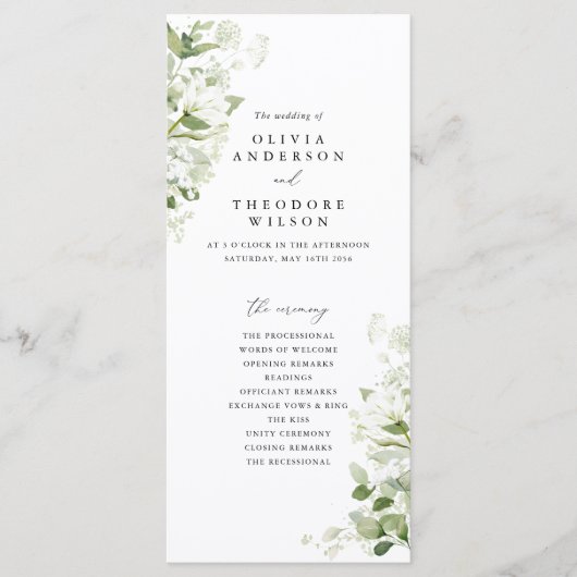 Sage Green Organic Greenery Wedding Ceremony Programm (Vorderseite)