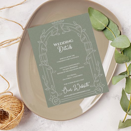 Sage Green Ornate Arch Botanical Wedding Details Begleitkarte