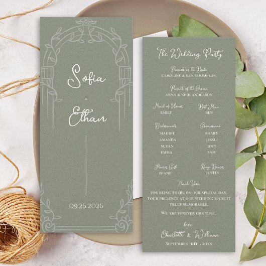 Sage Green Ornate Arch Botanical Wedding Program  Einladung
