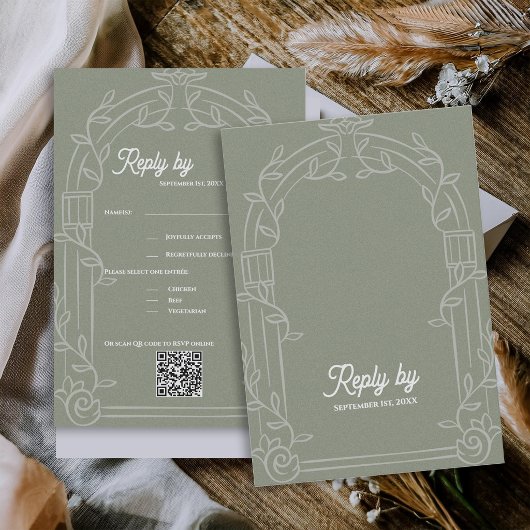 Sage Green Ornate Arch Botanical Wedding Reply By RSVP Karte