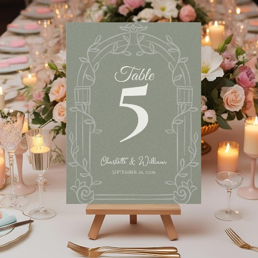 Sage Green Ornate Arch Wedding Table Number Dankeskarte