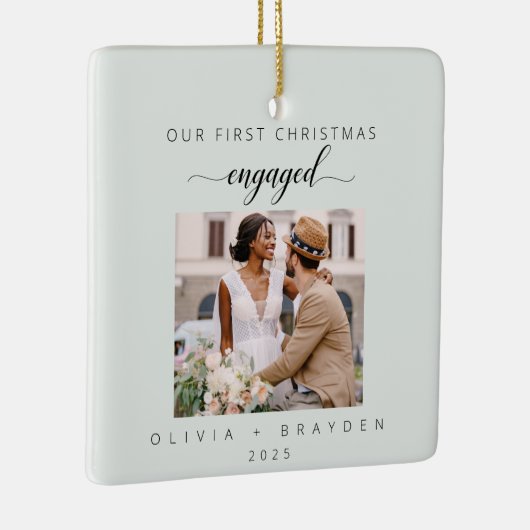 Sage Green Our First Christmas As Engaged Photo Keramikornament (Rechts)