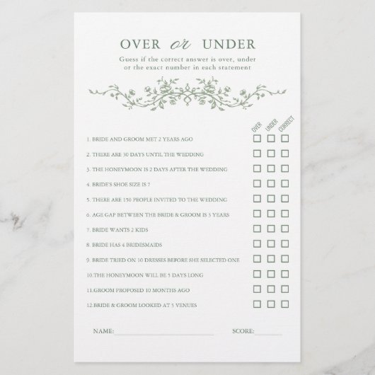 Sage Green "Over or Under" Brautparty Game (Vorderseite)