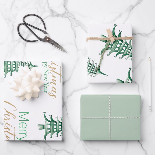 Sage Green Pagode Geschenkpapier Set (Vorderseite)