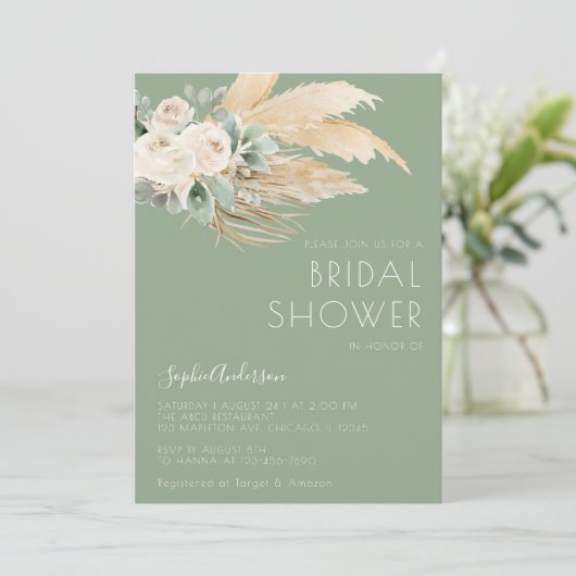 Sage Green Pampas Grass Boho Brautparty Einladung (Stehend Vorderseite)