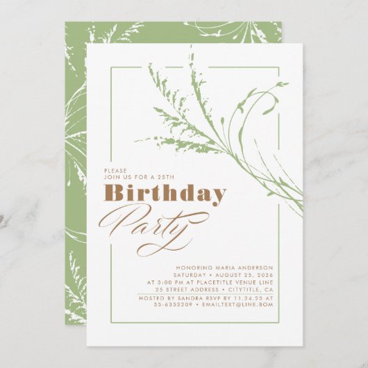 Sage Green Pampas Grass Modern Birthday Party Einladung (Vorne/Hinten)