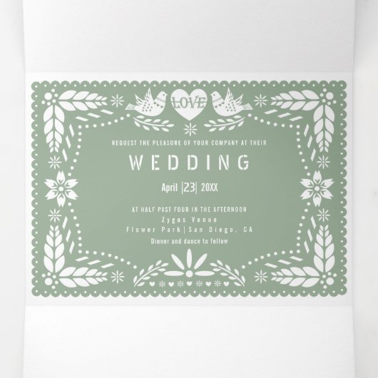 Sage green papel picado Liebhaber von Vögeln Hochz Dreifach Gefaltete Einladung (Innenseite Mitte)
