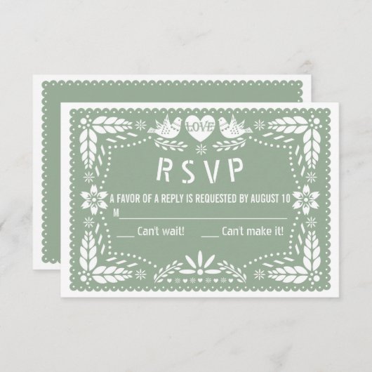 Sage green papel picado liebt Vögel Blume Hochzeit RSVP Karte (Vorne/Hinten)