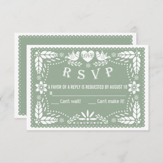 Sage green papel picado liebt Vögel Blume Hochzeit RSVP Karte (Vorne/Hinten)