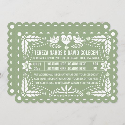 Sage green papel picado liebt Vögel fiesta Hochzei Einladung (Vorne/Hinten)