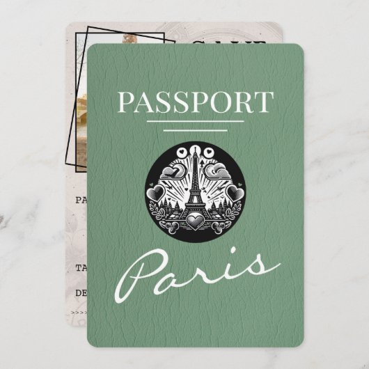 Sage Green Paris Passport Save the Date (Vorne/Hinten)