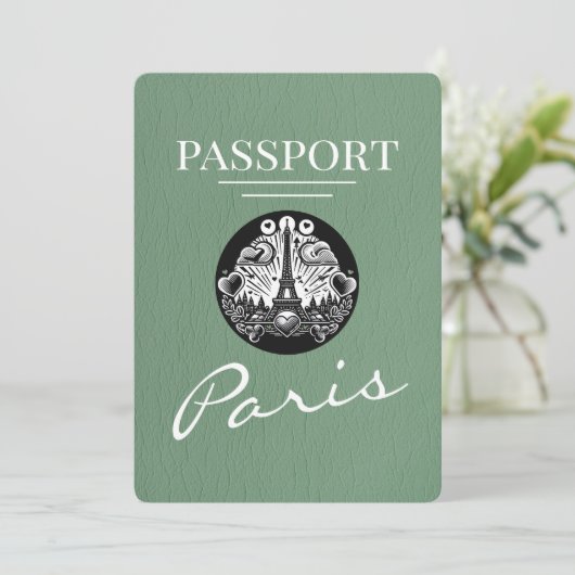 Sage Green Paris Passport Save the Date (Stehend Vorderseite)