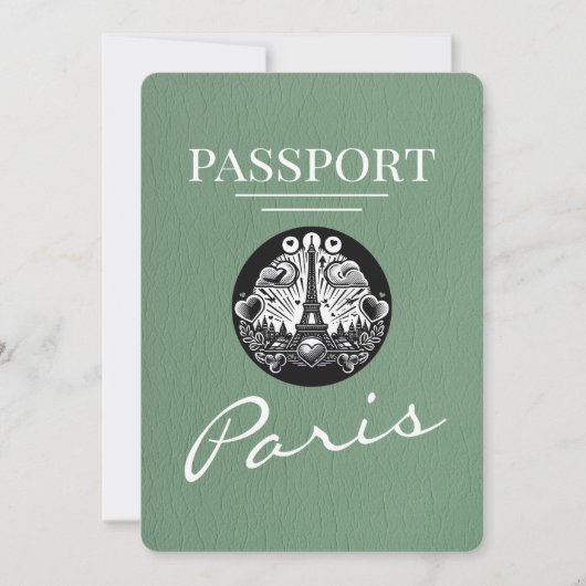 Sage Green Paris Passport Save the Date (Vorderseite)