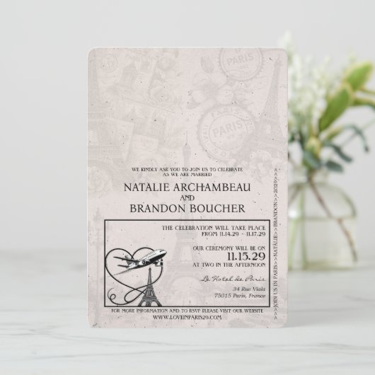 Sage Green Paris Passport Wedding Einladung (Stehend Vorderseite)