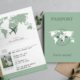 Sage Green Passport Hochzeit in Urlaubsort Einladung
