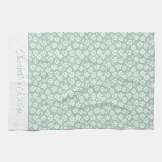 Sage Green Pastel Light Minze White Boho Florals Geschirrtuch (Horizontal)