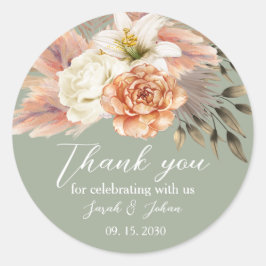 Sage Green Peach Floral Wedding Danke Sticker
