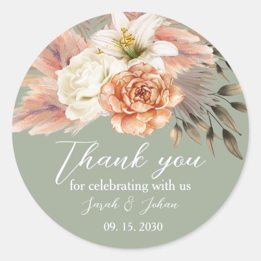 Sage Green Peach Floral Wedding Danke Sticker (Vorderseite)