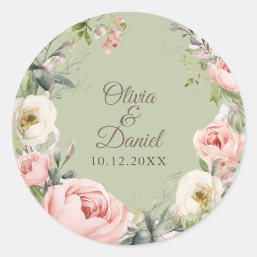 Sage Green Peony Floral Round Sticker (Vorderseite)