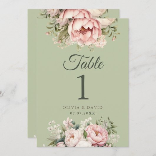 Sage Green Peony Floral Wedding Table Number (Vorne/Hinten)