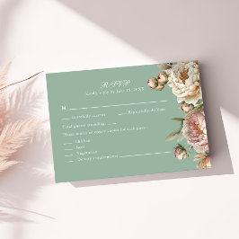 Sage Green Peony Garden Wedding RSVP Card Karte