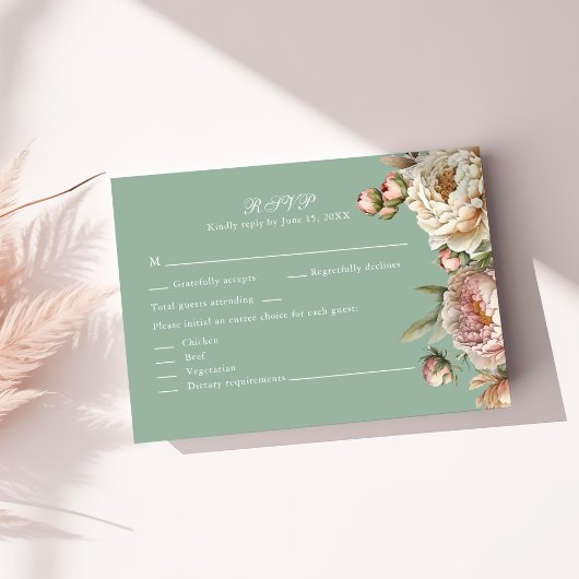 Sage Green Peony Garden Wedding RSVP Card Karte