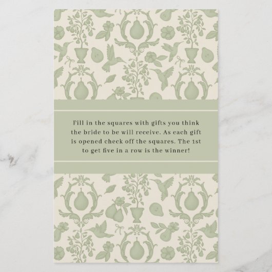Sage Green Perfect Pear Brautparty Bingo Game (Rückseite)