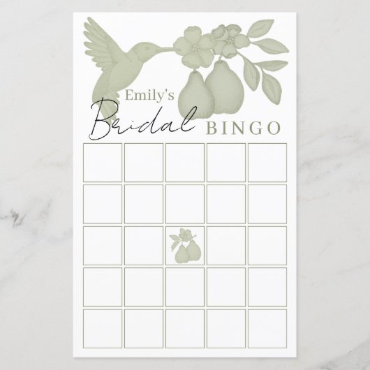 Sage Green Perfect Pear Brautparty Bingo Game (Vorderseite)