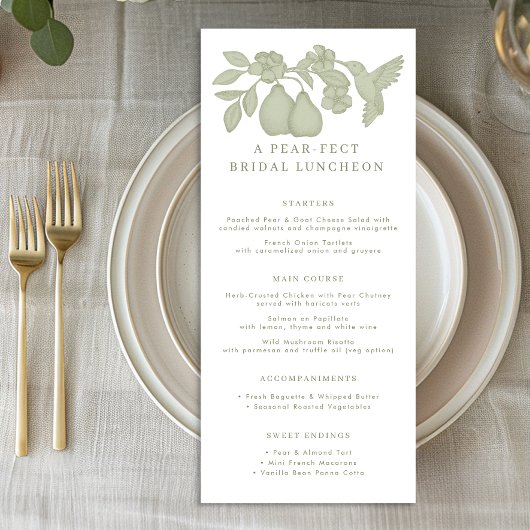 Sage Green Perfect Pear Bridal Luncheon Menü Card
