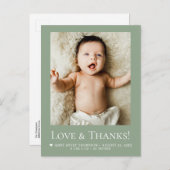 Sage Green Photo Baby Love & thanks Modern Postkarte (Vorne/Hinten)