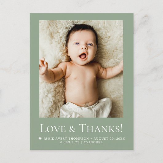 Sage Green Photo Baby Love & thanks Modern Postkarte (Vorderseite)