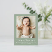 Sage Green Photo Baby Love & thanks Modern Postkarte (Stehend Vorderseite)