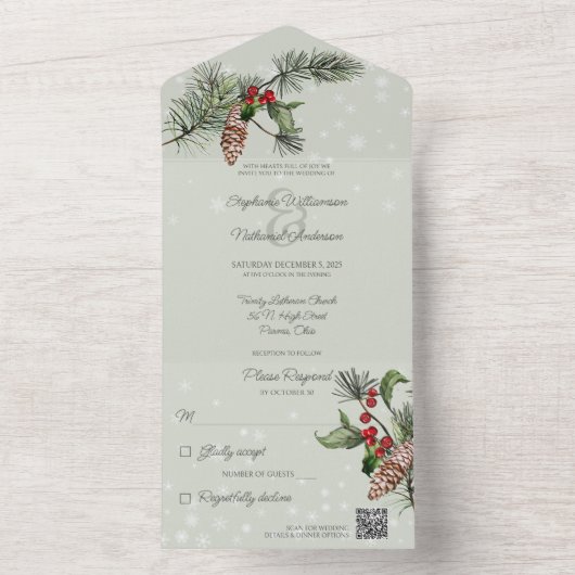 Sage Green Pine & Holly in Snow QR Code All In One Einladung (Innen Boden)