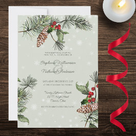 Sage Green Pine & Holly in Snow Wedding Einladung