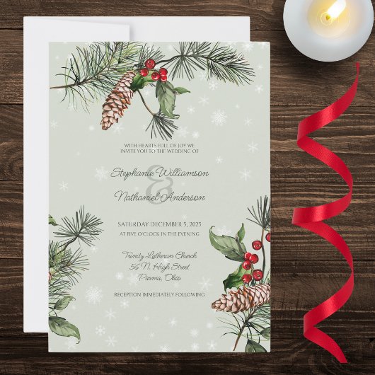 Sage Green Pine & Holly in Snow Wedding Einladung