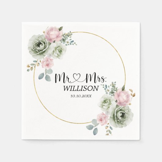 Sage Green & Pink Blume Hochzeitspapier Napkin Serviette (Vorderseite)