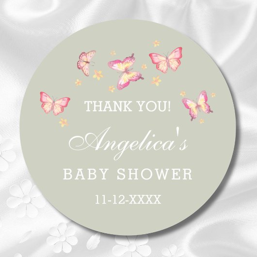 Sage Green Pink Butterfly Baby Dusche Danke Runder Aufkleber
